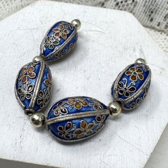 Vintage Cloisonné Blue Floral Oval Bead Necklace Spacer Or Jewelry Making Beads - Picture 2 of 6